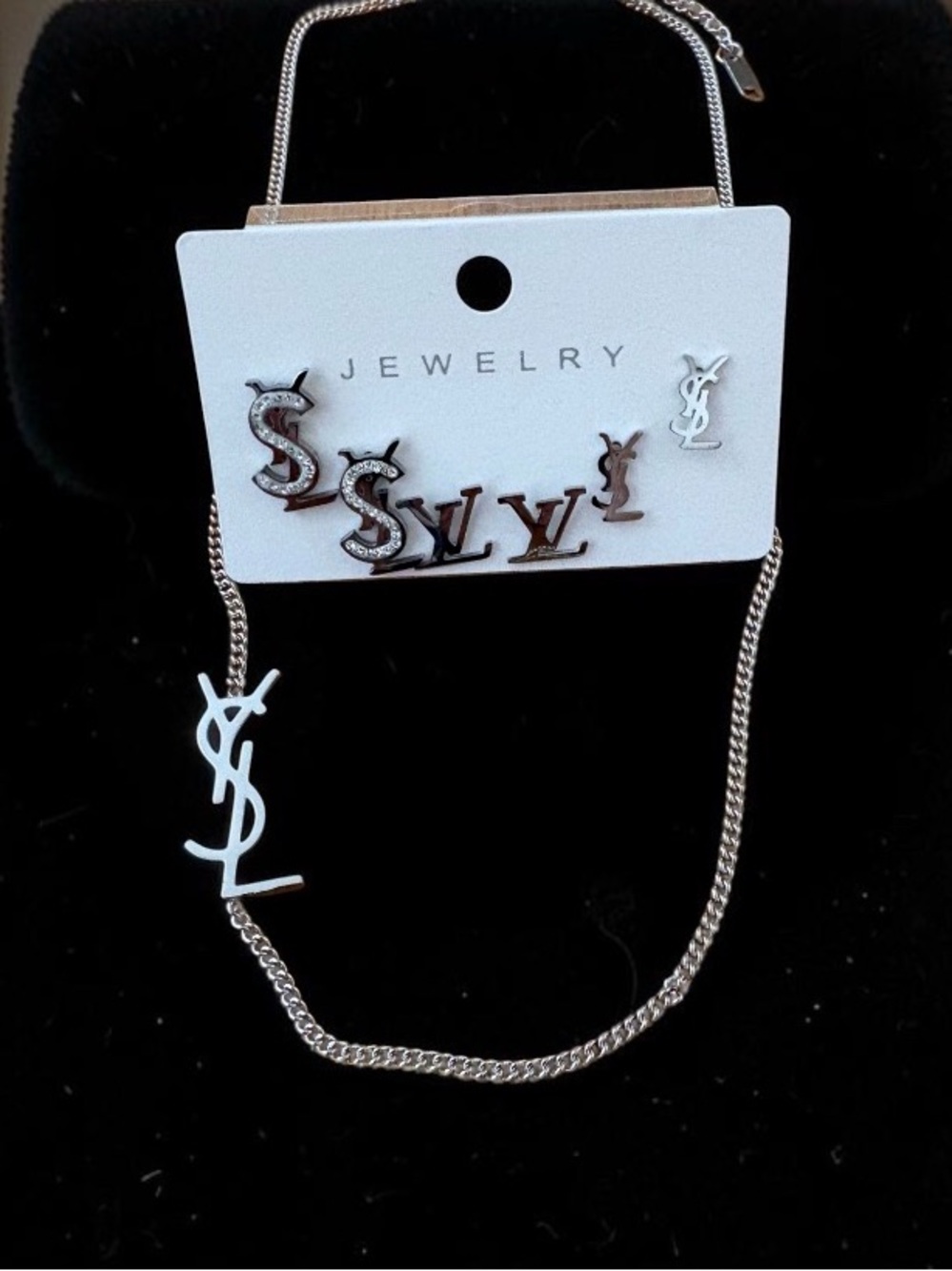 Stainless steel Necklace and Silver-Tone Stud Earrings